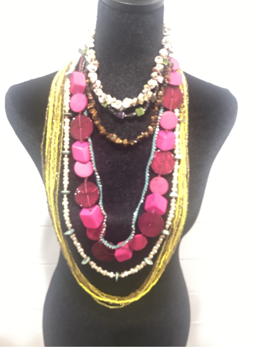 Bold Pink Multi-Strand Statement Necklace and 6 other individual necklaces.